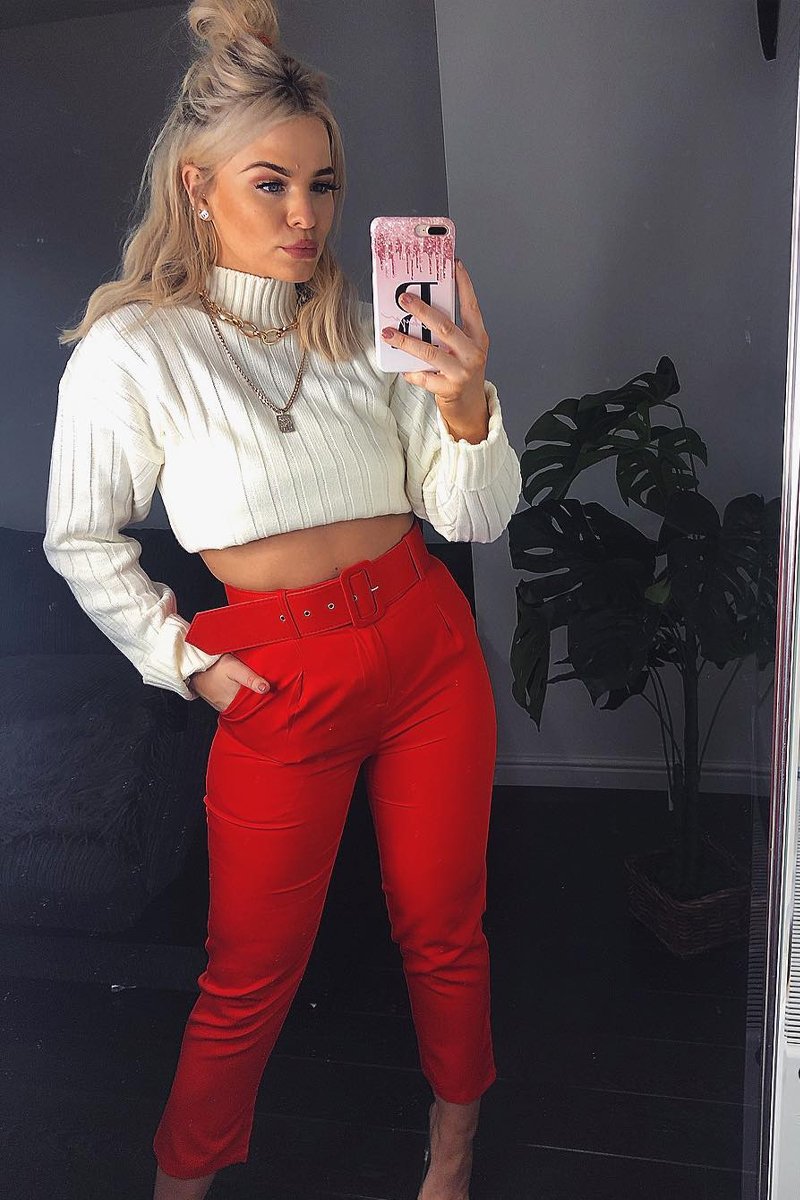 Red Belted Tapered Peg Trousers - Jessika – Rebellious Fashion